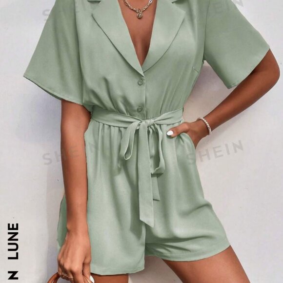 NWOT SHEIN LUNE Lapel Neck Belted Shirt Romper in Mint Green size L - Picture 5 of 9